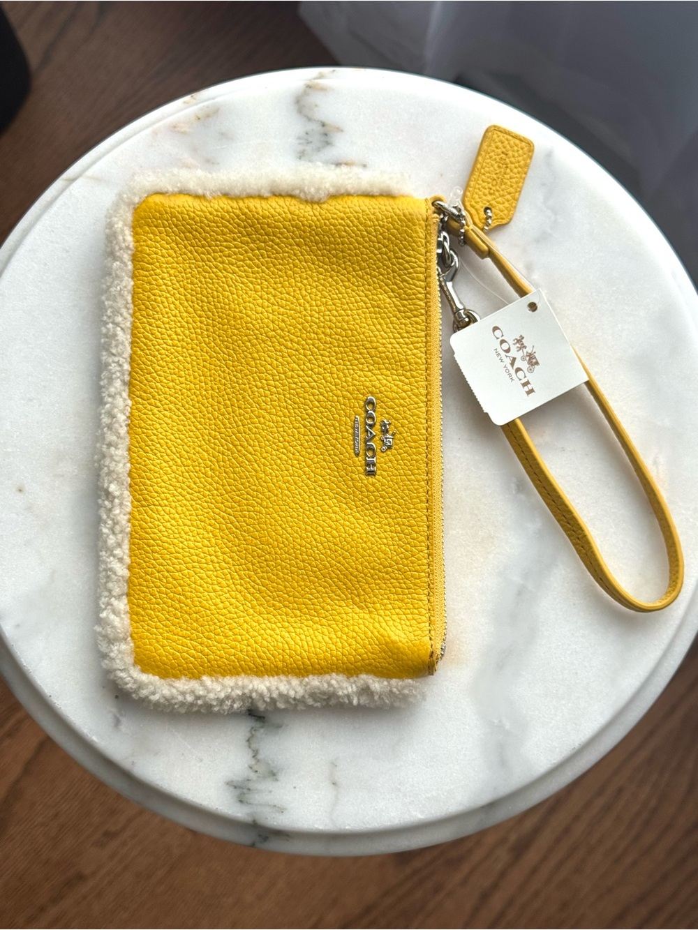 NWT, Coach, Banana Yellow, Pebbled, Leather Wristlet, Shearling Trim